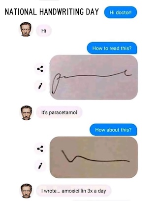 a fun text meme about very bad doctor handwriting
