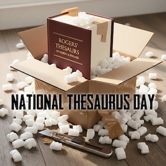 a shipping box with shipping peanuts just opened with a thesaurus inside