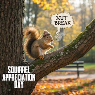 a knit capped squirrel sitting in a tree, smoking a cigarette, to celebrate national squirrel appreciation day