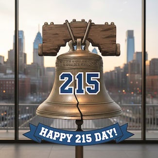 the liberty Bell with the Philadelphia sky line behind it for 215 day in February.