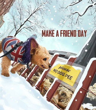 a stylish small dog on a snowy day, reading a "no dog pee" sign on national make a friend day