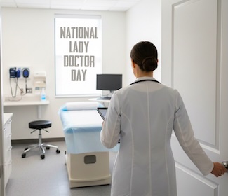 a female doctor walking into a clean examination room for the national woman physicians day in February