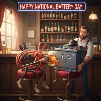 a fun AI image of a car battery and jumper cables in a bar with a beer for national battery day