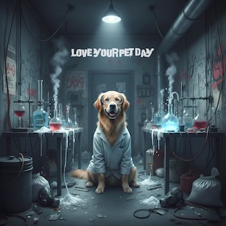 a fun cartoon image of a golden lab in a doctors coat in a meth lab, as a dad joke for national love your pet day