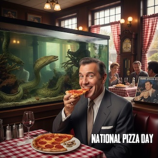 A fun image of a well dressed man, who looks like Dean Martin, eating pepperoni pizza in an Italian restaurant with a fish tank of eels