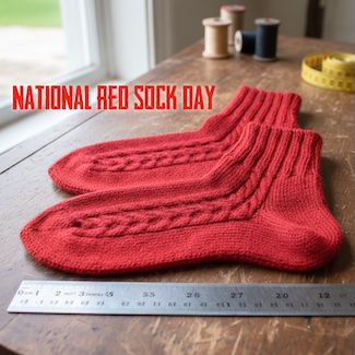 a pair of red socks next to a ruler for a dad joke and national red sock day in February. 