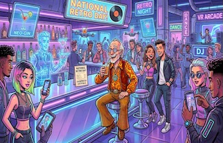 A fun AI generated cartoon of an old boomer being vintage AND retro in a modern bar and nightclub.