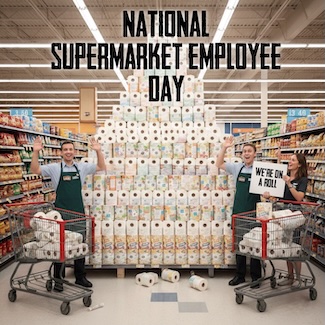 a fun and happy AI image of large pile of toilet paper in a supermarket with a happy crew, for national supermarket employee day