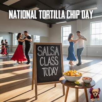a fun image of a salsa dance class, where someone brought tortilla chips to the dance studio by mistake. All for National Tortilla Chip day