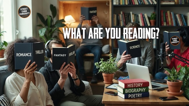 a room full of people reading different types of books, like fantasy, romance, science and more. This is to highlight a podcast episode about "what we are we reading" these days.