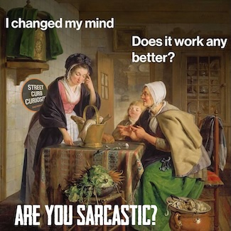 an old painting of two women, one old and one younger, plus a child, to highlight a podcast episode about being sarcastic