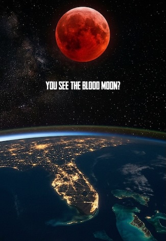 An AI rendering of what the blood full moon may look like over Florida under clear skies, for a dad joke about the special space event.