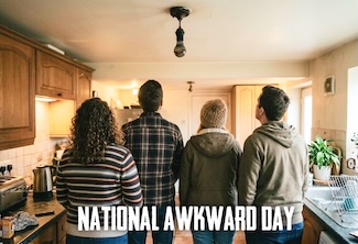 four people in a kitchen staring at a burned out lightbulb that needs to be changed, for national awkward day in March