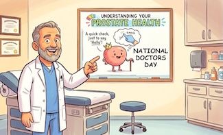 a cartoon of a smiling doctor teaching us about a healthy prostate for national doctors day in March