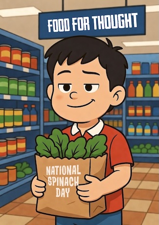 a cartoon of a young boy smiling while carrying a bag of spinach for the national green leaf holiday