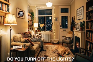 a brightly lit living room with no people, just a cat and a dog...but no people.  A scene for a podcast topic about leaving on the lights when you leave a room.