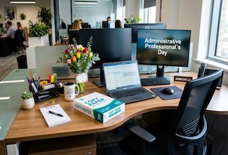a clean and professional admin support desk set up in a busy office, with a laptop, comfy chair, flowers and other needed desk items for national admin assistant day in the USA