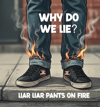a fun cartoon of a man's pants on fire for that well known metaphor about lying, for a podcast episode about why we lie, what we lie about and how to catch a lie, from street curb curiosity.