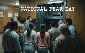 a small group of men and women staring at an open elevator for national fear day. Elevators are one of the top 10 fears that Americans have, for National Fear Day.