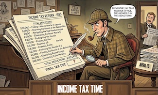 a fun cartoon of Sherlock Holmes doing his taxes and finding deductions for the USA national income tax day of April 15th.