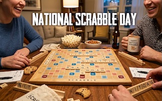 four people sitting around a dining room table with snacks ands drinks, while playing the board game of scrabble.