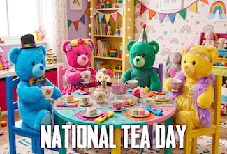 A colorful child's tea party with four delightfully dressed stuffed bears at a tea table, for national tea day.
