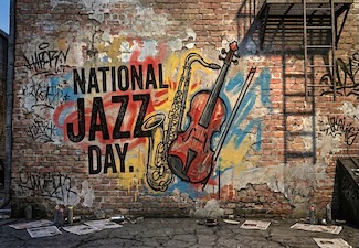 an old brick walled city building with paint graffiti of a saxophone and violin in color for national jazz day