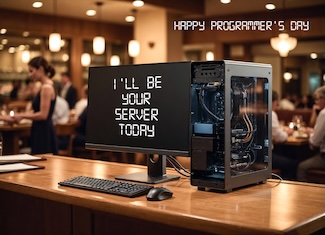 a desktop computer sitting on a welcome counter in a restaurant for national programmers day in April.