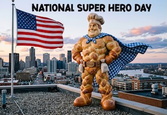 an AI created image of a different kind of Super hero.  One made of pretzel dough, with a table cloth cape, standing high in a city sky light on the top of a building, with a large USA flag waving in the wind for national super hero day in April.