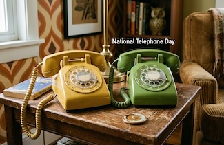 A pair of old style rotary telephones sitting on an living room end table from the 1970's, for national telephone day.