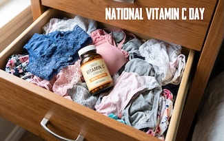 a woman's clothing drawer filled with underwear and bras...and a bottle of vitamin C for a dad joke about Vitamin C Day