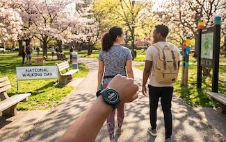 three people talking a walk in a sunshine filled park on a beautiful day, for national walking day.