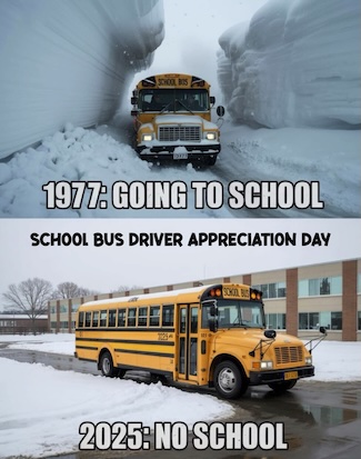 a fun meme about school buses in the 70's and today driving in the snow.