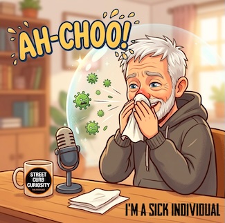 a fun AI generated cartoon of me with a common cold, doing a podcast episode about having one!