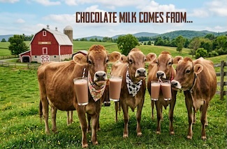 four brown cows on a large farm, all holding a glass of chocolate milk, with a straw