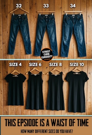 three sizes of men's jeans and four different sizes of lady's little black dresses, for a podcast discussion and advice on all the extra sizes we keep in our closets.