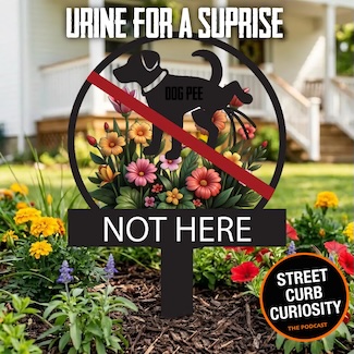 a fancy "no dog pee" sign in front of a flower bed in the front lawn of a suburban home to highlight a podcast episode about dog ownership challenges with dog pee