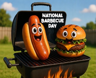 a fun image of a hot dog and a burger on buns on a barbecue grill for national barbecue day in May
