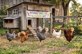 a large chicken coop in a backyard, with five chickens dancing around it for a national day of celebration of chicken dance.