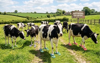 a small herd of dairy cows on a farm, all wearing colorful flip flops for the holiday celebrating the footwear.