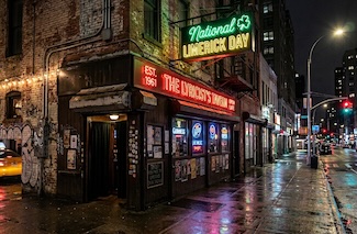 an old city bar named Lyricist Tavern, with a neon sign for national limerick day in May