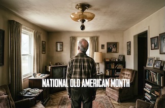an old man, a boomer, staring at a burnt out lightbulb in his old style living room, filled with a cabinet TV,a recliner, books and an old carpet, for national old Americans month in May.