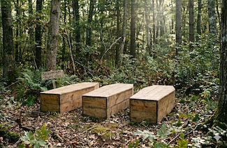 three coffins or caskets sitting deep in the woods during the summer for national scavenger hunt day in May
