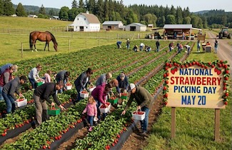 a small farm with a large strawberry field with people picking the fruit for themselves, and a horse in a nearby field, for a dad joke and to celebrate national Strawberry Picking Day in May