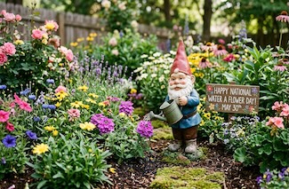 a typical but cute gnome watering flower in a beautiful large flower garden for national water a flower day in May