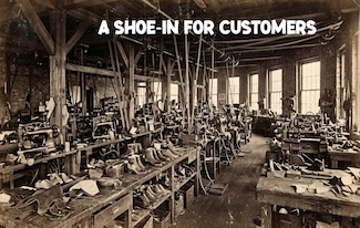 a mid 1800 era shoe factory filled with machinery and shoes to celebrate the first mass production of shoes in Massachusetts in 1855 that cut prices in half.