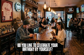 two people enjoying time by themselves at a local bar in a city, maybe celebrating their birthday.  The way many people like to these days...spend the day alone.  A podcast episode from street curb curiosity.