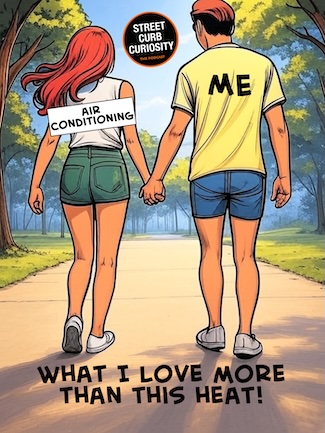 a cartoon of a couple.  where the man plainly shows he's in love...with Air conditioning on a hot summer day.  a podcast topic of how to beat the heat from street curb curiosity