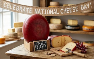a cheese shop with a large red wheel of Edam cheese for a dad joke on National Cheese Day