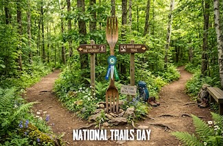 A dirt trail that splits into a fork in the path on two ways to go, and two dad jokes, in the middle of a green forest for national trails day in June.